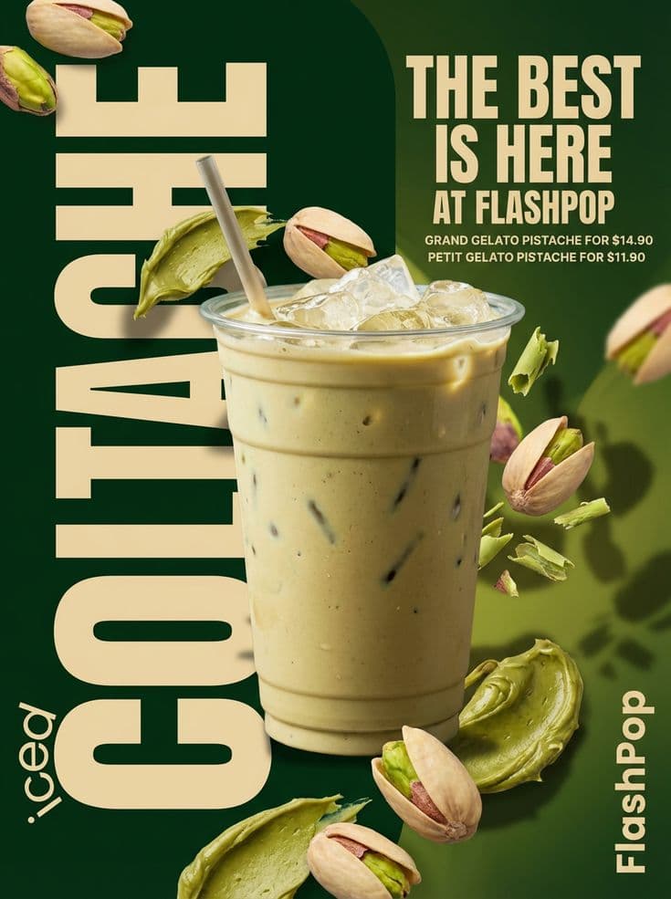 Iced pistachio drink poster with bold vertical typography
